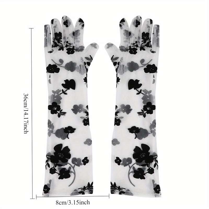 1 Pair Black Retro Rose Long Lace Gloves