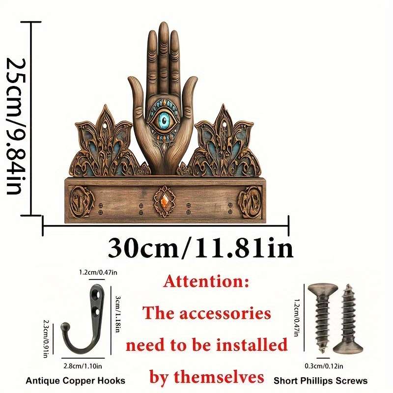 1pc Palm and All-Seeing Eye Simple and Colorful Wooden and Key Hook with Four Metal Hooks 30.0cm x