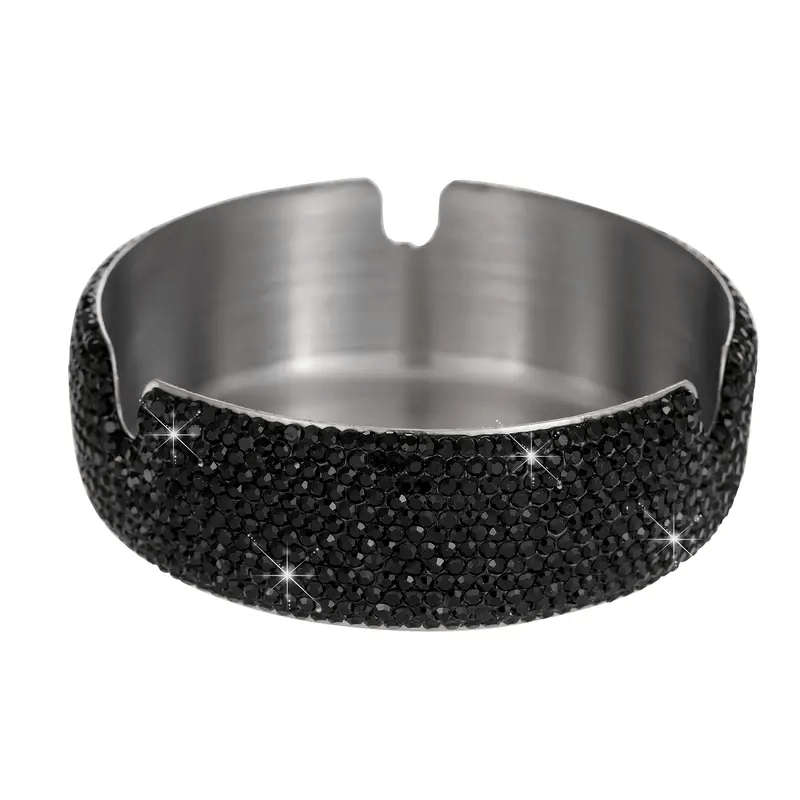 1pc Luxurious Stainless Steel Rhinestone Ashtray with Sparkling Red Blue Rims C Round Design