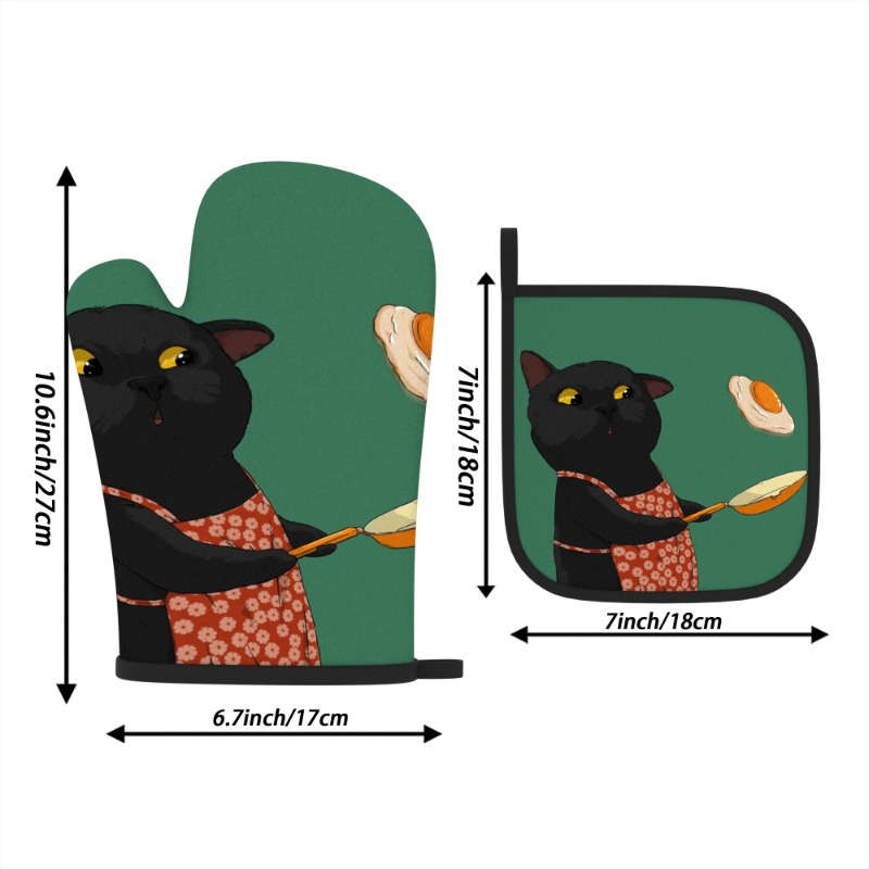 2pcs Cute Black Cat Oven Mitts Pot Holders Heat Resistant Polyester Machine Washable Pl