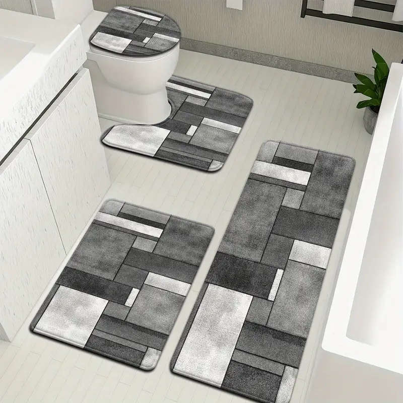4-Piece Stylish Simple Grey Geometric Pattern Bathroom Mat Set