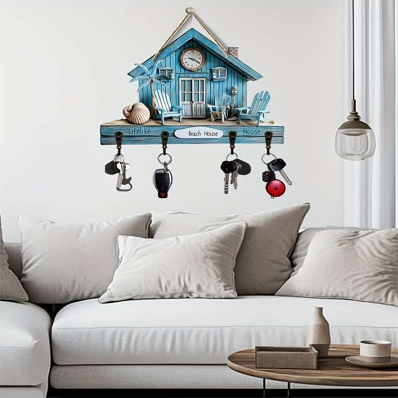 2Dflat Simple Colorful Wooden with Home Key Hook Comes with Four Metal Hooks 30.0cm x 24.99cm 2D
