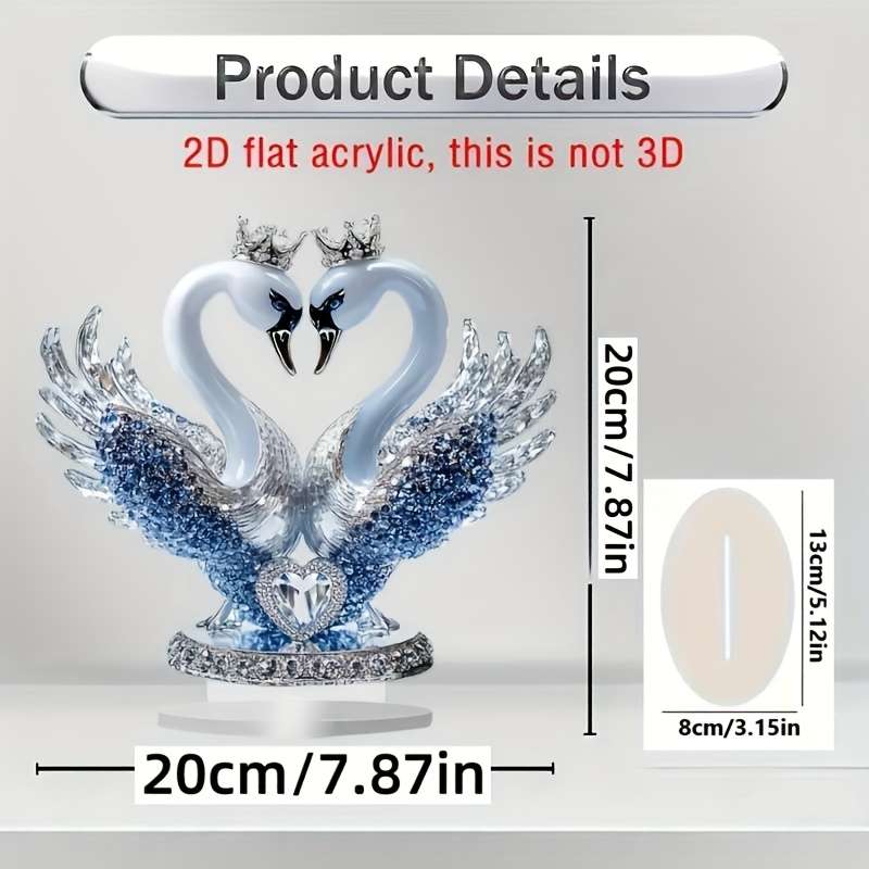 1pc 2D Flat   Ornate Style Acrylic Swan Statue with Heart Shaped Crown Romantic Desktop Decorat