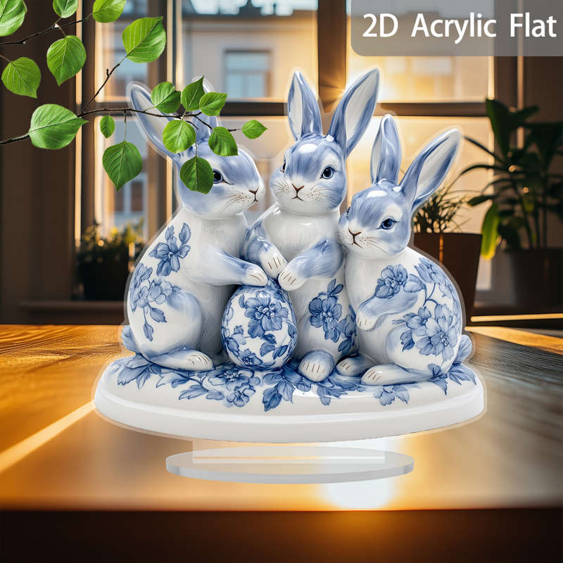 1pc 2D Flat   Plane Easter Blue and White Porcelain Rabbit and Egg  Acrylic Sun Catcher Desk