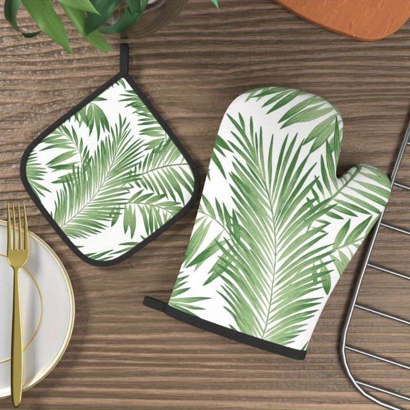 2pcs Summer Green Leaves Oven Mitts Pot Holders Set 26.92x17.02cm Heat Resistant Machine W