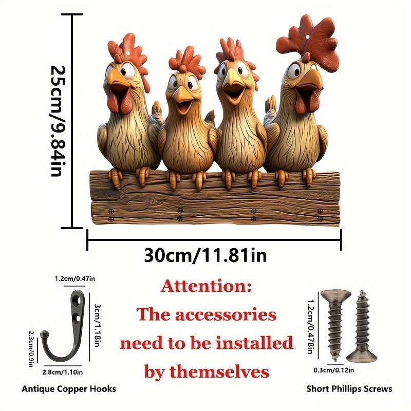 Charming Cartoon Hen Wooden Key Holder with 4 Metal HooksRustic Wall Art for Home Porch  Room D