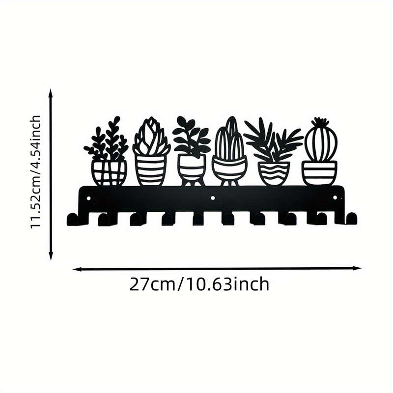 Contemporary Metal Key Holder with 10 Hooks Wall Mounted Keychain Organizer Succulent Plant Design