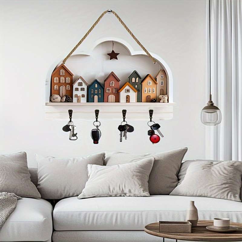 2D Flat 1pc Rural Town Simple and Colorful Wooden and Home Key Rack with Four Metal Hooks 30.0cm