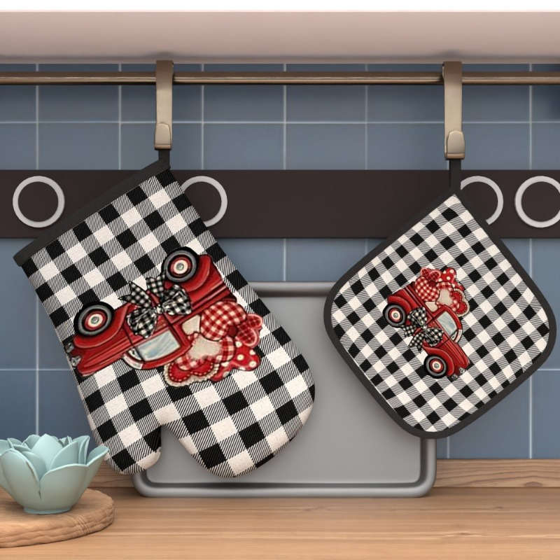 2pcs 26.92x17.02 cm Oven Mitts And Potholders Happy Valentine's Day Black and white checkered T