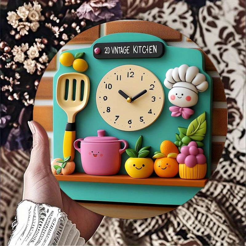 1pc 2D Retro Kitchen Wall Clock Vintage-Inspired Aluminum Decor with Playful Kitchen Not real clock