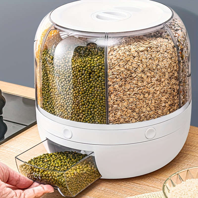 6-Compartment Rotating Rice Bucket with Transparent Lid Large Capacity Grain Storage Containe