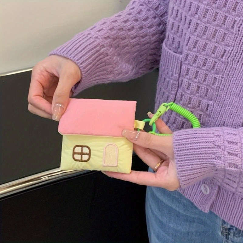 1pc Cute House-Shaped Keychain Pouch Mini Polyester Storage Bag with Rope Closure Pastel Colors