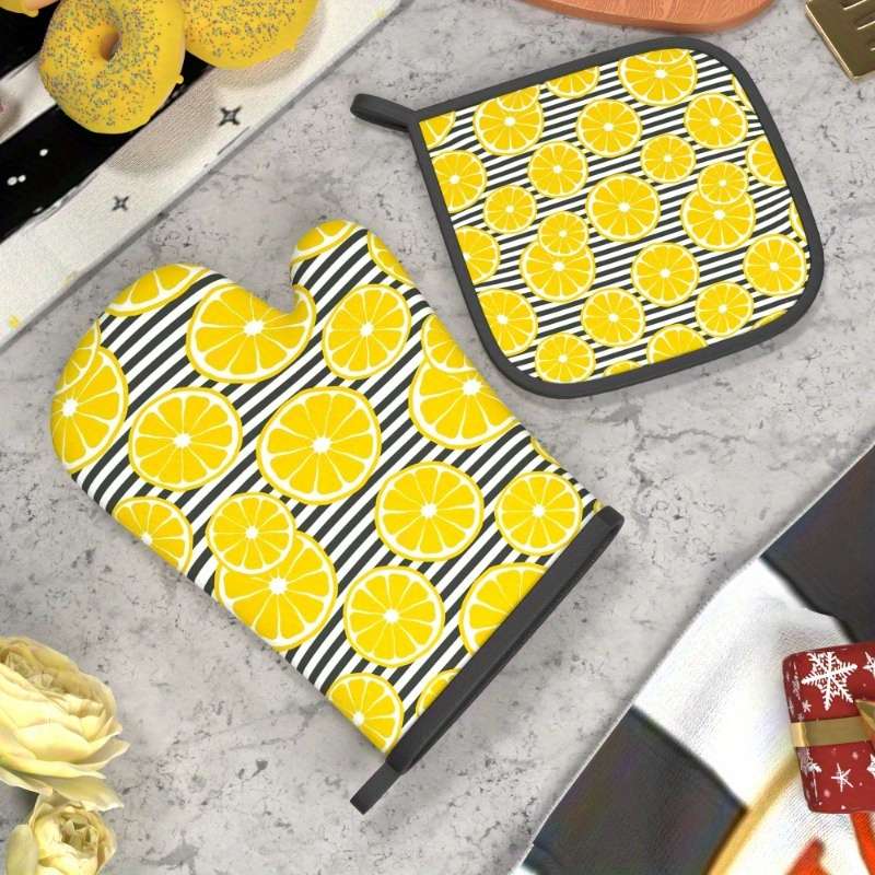 2pcs Lemon Print Oven Mitts Heat Resistant Kitchen Gloves with Black White Striped Design