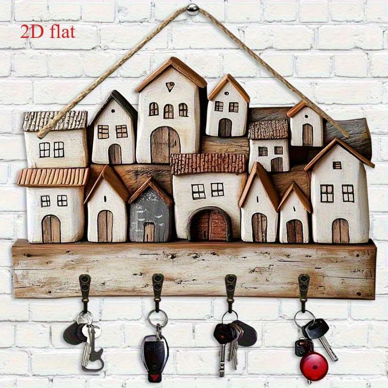 1pc Warm Small Village Wooden Key Rack Wall Decoration-29.97 cmX 22.86cm Rustic Bohemian Style with