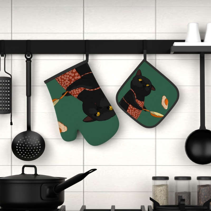 2pcs Cute Black Cat Oven Mitts Pot Holders Heat Resistant Polyester Machine Washable Pl