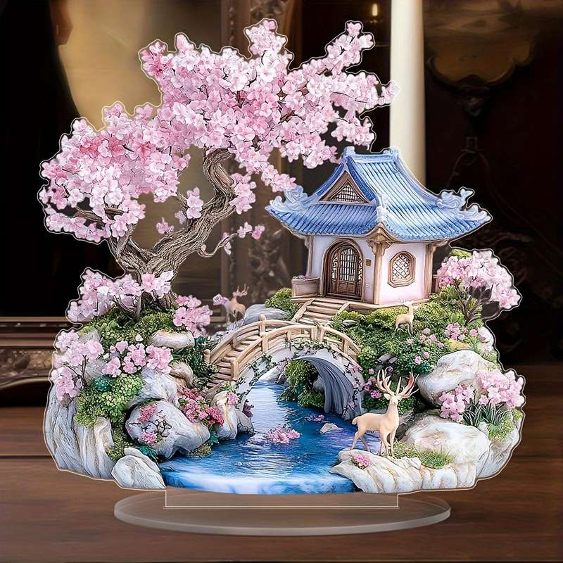 1pc 2D Flat  Bohemian Style Acrylic Cherry Blossom Tree Sculpture  Crystal Landscape Display wit