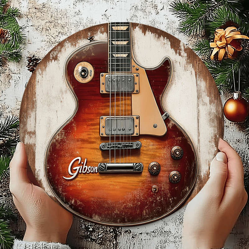 1pc Vintage Gibson Guitar Aluminum Wall Art Sign 19.81x19.81 cm Round Metal Decor with Distressed