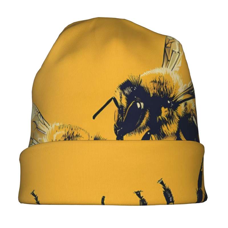 1pc Fashionable Men'S Novelty Bee Print Beanie Hat Polyester Knit Skull Cap with Elastane No