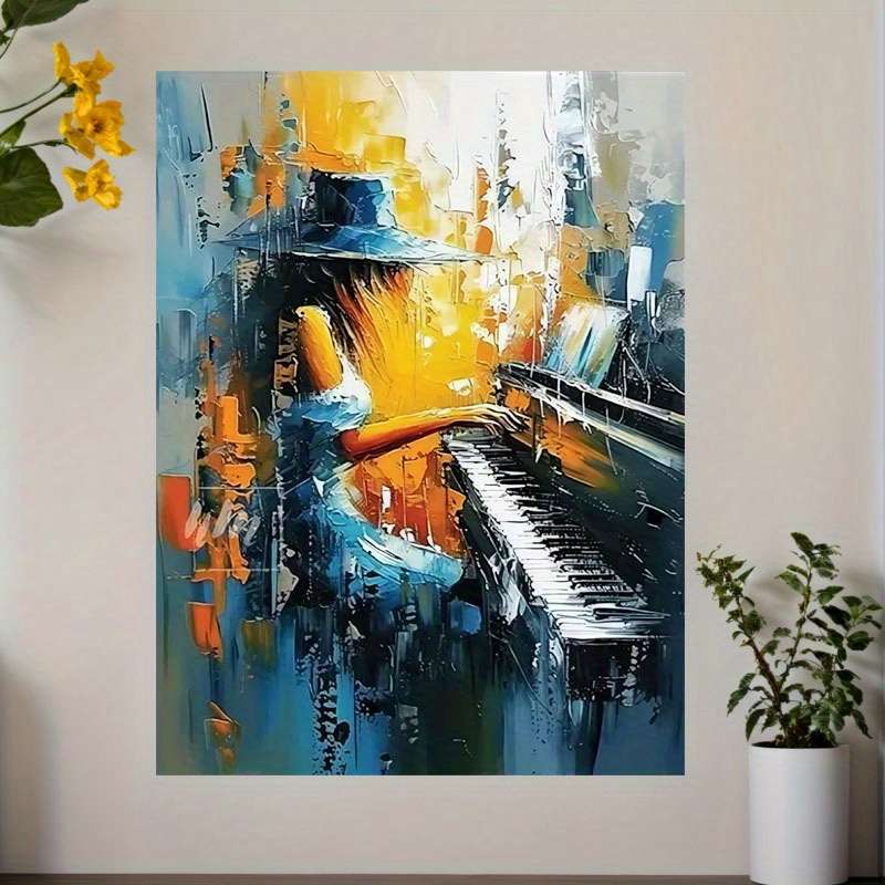 1pc Vibrant Abstract Woman Playing Piano Canvas Art Print Modern Wall Decor for Living Room Bedr