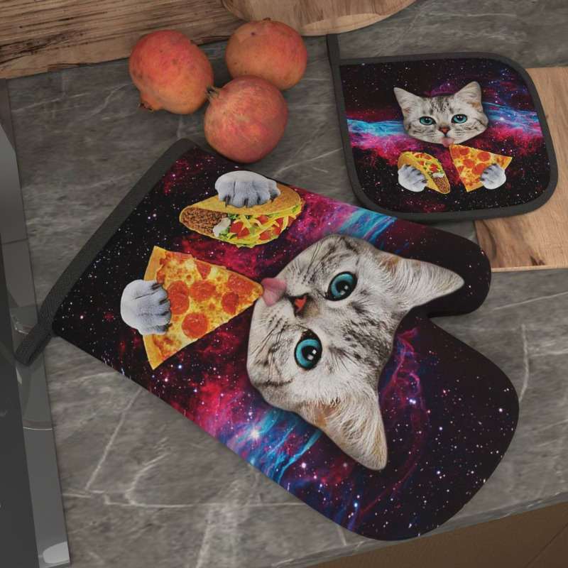 2pcs WhimsyCat Heat-Resistant Polyester Oven Mitts and Pot Holders Set 26.92x17.02 cm Cute Ki