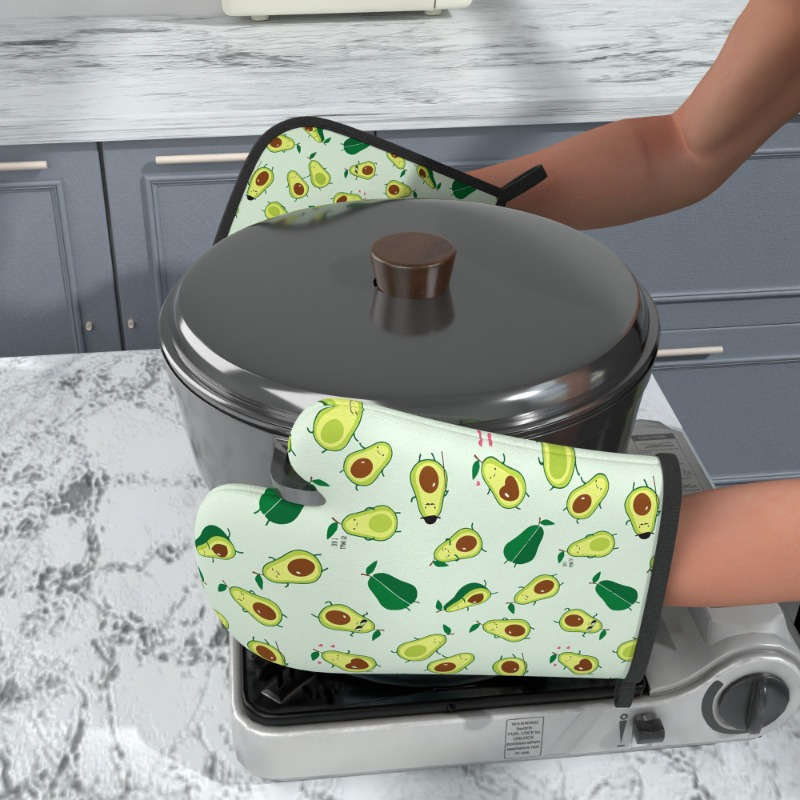 2pcs Avocado Pattern Oven Mitt Set Heat Resistant Polyester Kitchen Accessories Machine Washa
