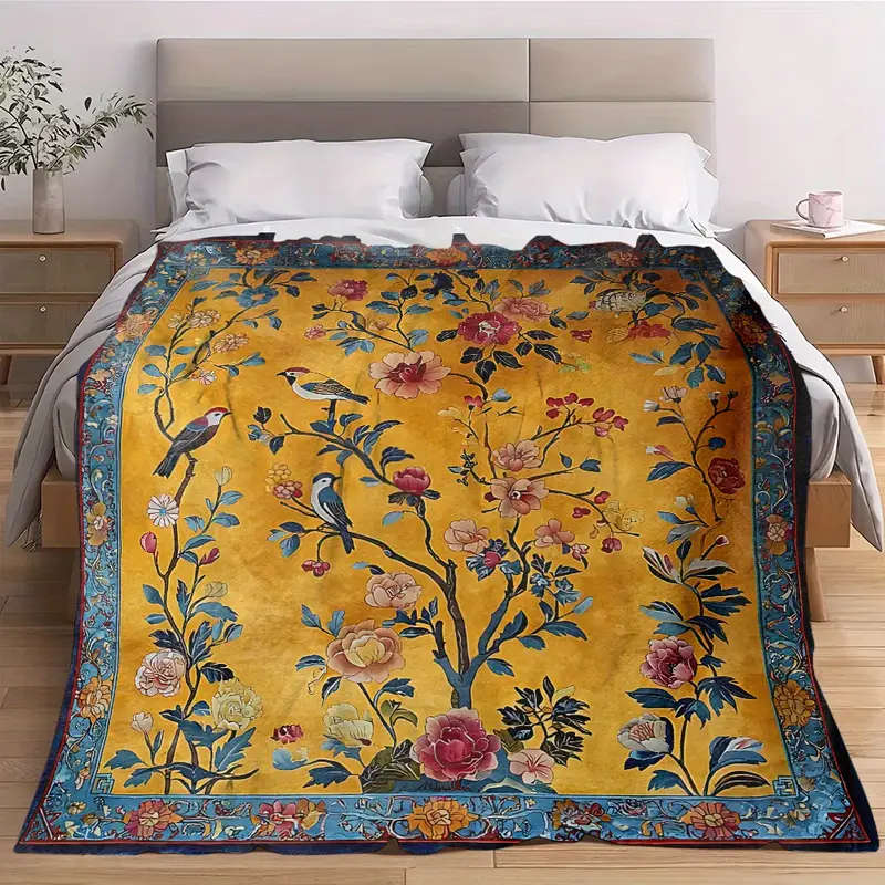 1 Bohemian Floral And Bird Print Flannel Blanket 150*200cm