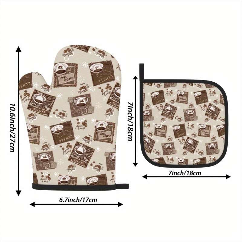 2pcs Coffee Time Oven Mitts Potholders Heat-Resistant Machine Washable Polyester with Fun
