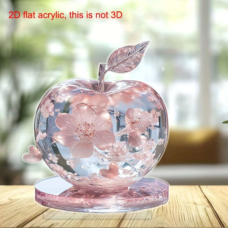 1pc 2D Flat  Acrylic Apple Decor with Pink Flowers Crystal Tabletop Ornament for Bedroom Living R