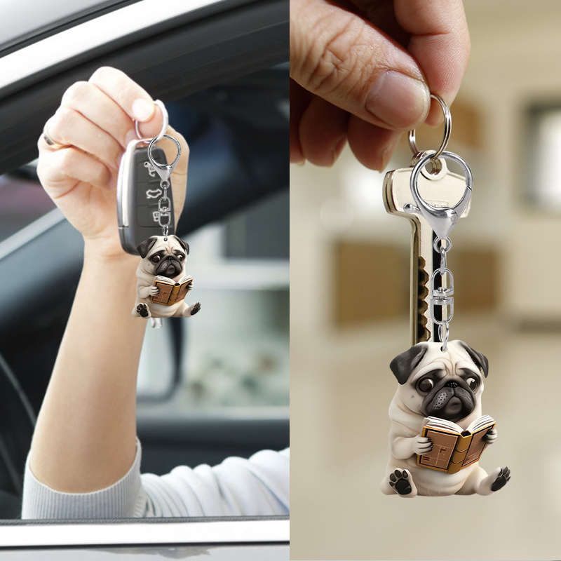 1pc 2D Flat  Acrylic Valentines Pug Dog Keychain Charm Keychain for Handbags Tote Bag Purse Charms C