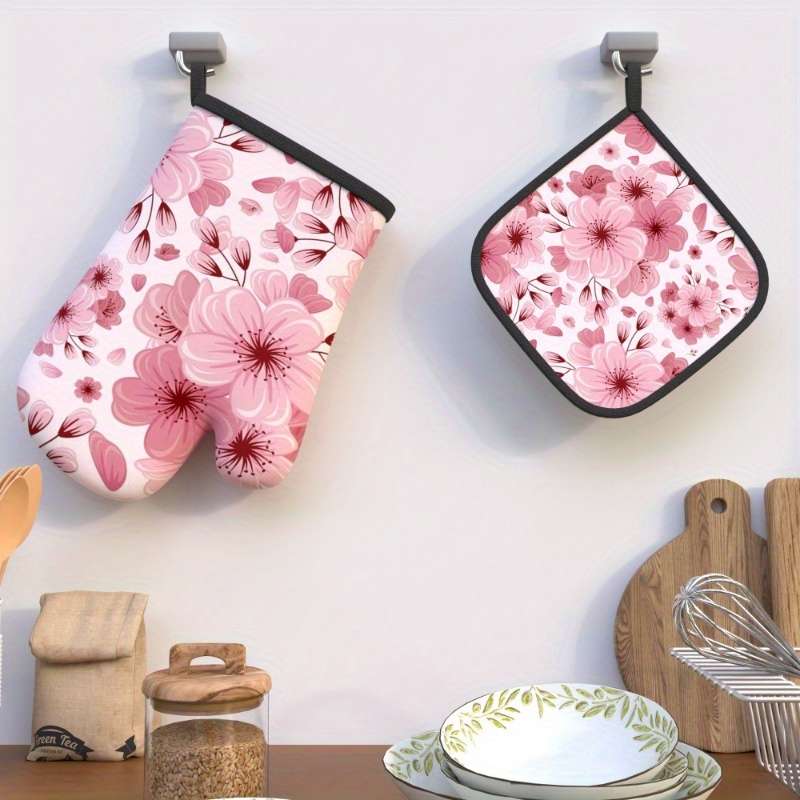 2pcs Pink Cherry Blossom Oven Mitts Pot Holders (26.92x17.02cm) Heat Resistant Polyester