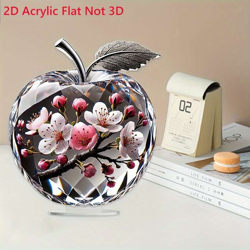 1pc 2D Flat  Elegant Cherry Blossom Acrylic Apple StatuePrinted Floral Art Decor with Cr