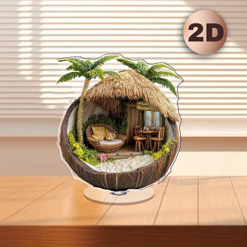 1pc 2D Flat  Tropical Hut in a Coconut Shell Acrylic Desk Decor with Stand  Design Featuring Pa