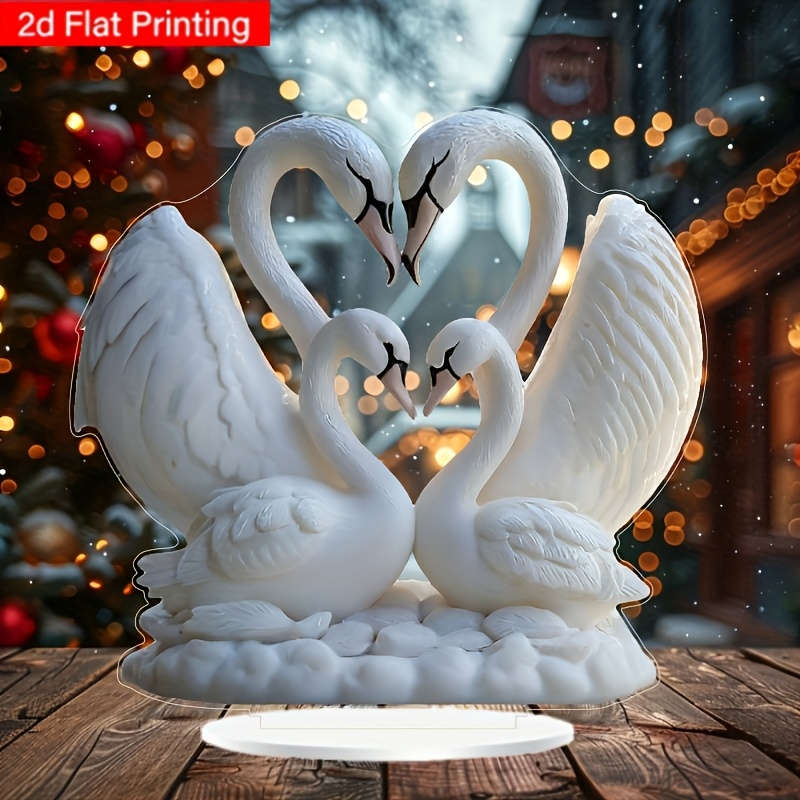 1pc 2D Flat   Acrylic Swan Couple Heart Sculpture Elegant Desktop Decor with Display Stand Rom