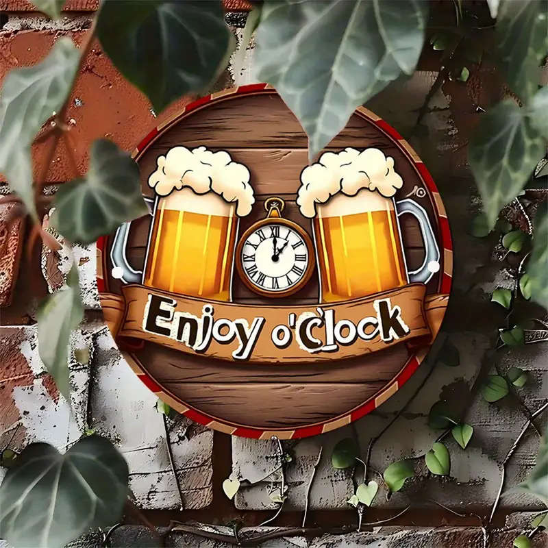 1pc Rustic Enjoy o'Clock Beer Mugs Wall Clock Round Aluminum Sign Festive Hanging Decor for Home Pat