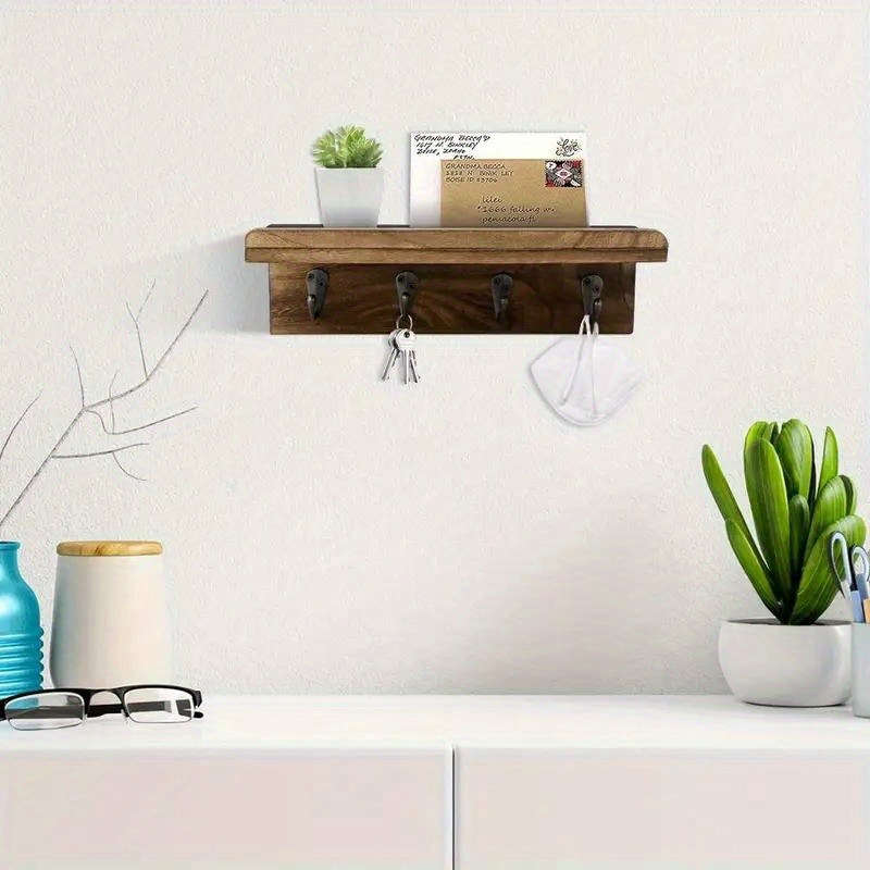 Rustic Farmhouse Wooden Key Holder with 4 HooksWall-Mounted Mail Organizer for Bedroom Kitchen