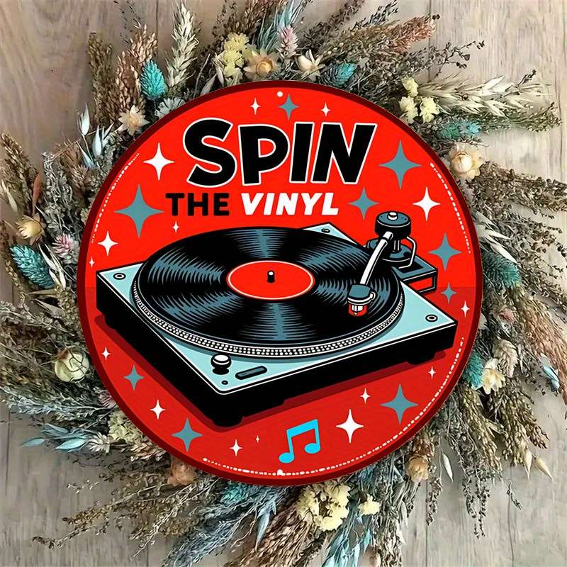1pc Room Decor  Retro Aluminum Spin The Vinyl Round Sign Classic Record Player Design with Mu