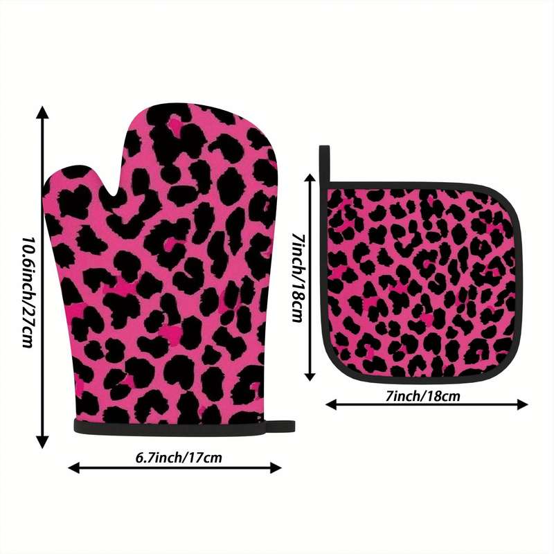 2pcs Pink Leopard Print Oven Mitts Heat Resistant Polyester Pot Holders with Black Paw Prints