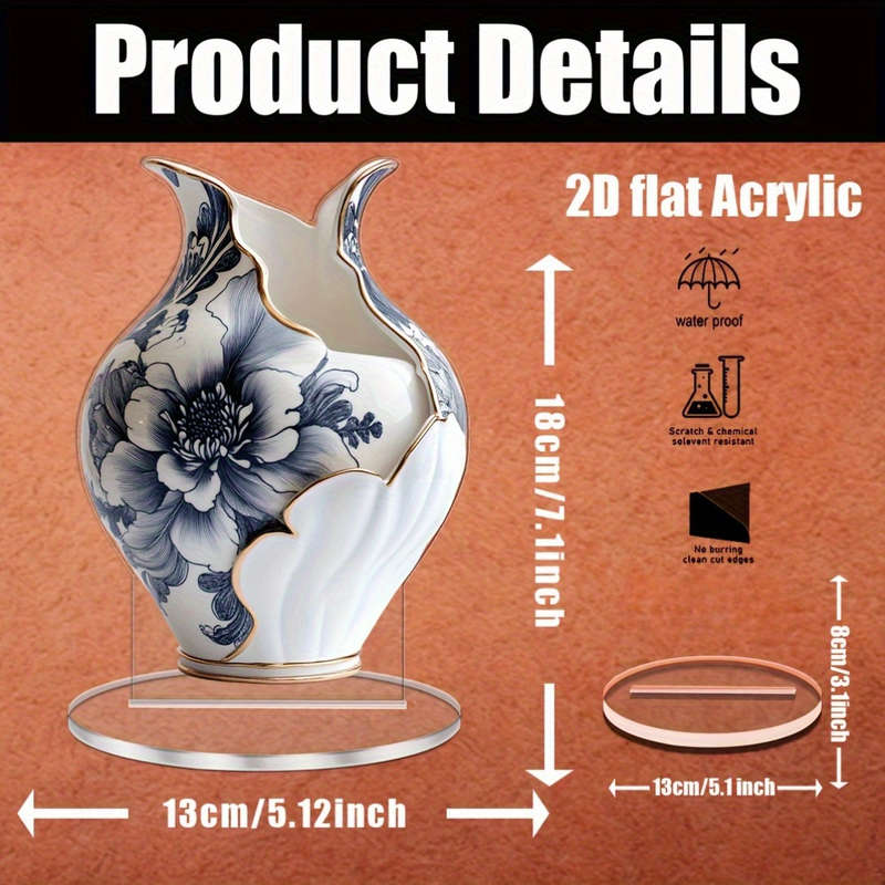 1pc 2D Flat   Bohemian Acrylic Decorative Vase with Elegant Floral Design  Base White