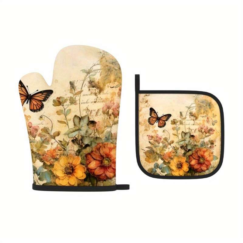 2pcs Vintage Floral Butterfly Heat-Resistant Oven Mitts 26.92x17.02 cm Polyester Kitchen Gl