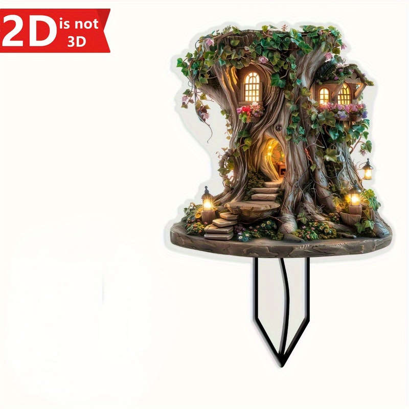 1pc 2D Flat   Magic Bohemian Fairy Tree House Garden Stake  Acrylic Decor with Glowing Wind