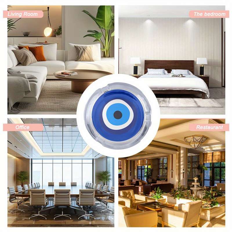 1pc Round Glass Ashtray with Blue White Black Eye Design Modern Artistic Desktop Decor for Office