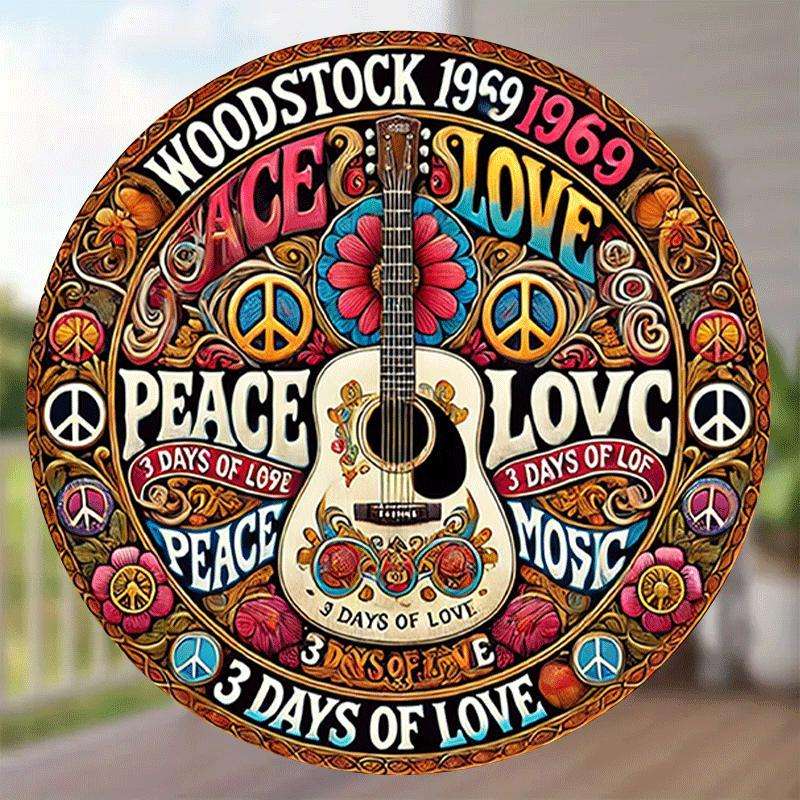 1pc 2D Plane  Woodstock 1969 Peace and Love 8-inch Metal Plaque Retro Iron Wall Art Classic