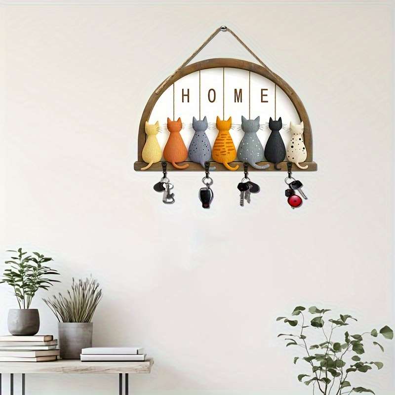 1pc Retro Simple Wooden Home Key Hanger 30.0cm X 24.99cm 2D Flat Wall Decoration with 4 Metal Ho