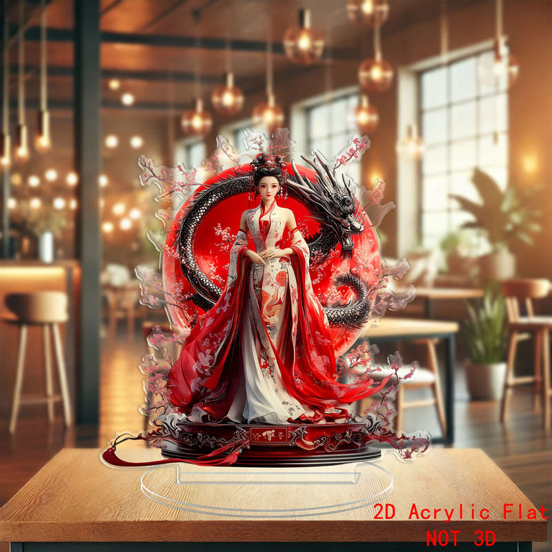 1pc 2D Flat   Acrylic Cheongsam Girl Figurine with Stand Vibrant Red White Traditional Chines