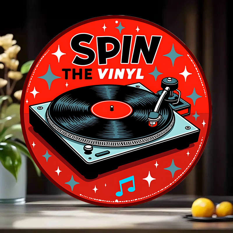 1pc Room Decor  Retro Aluminum Spin The Vinyl Round Sign Classic Record Player Design with Mu