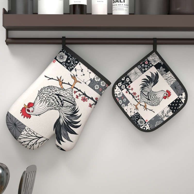2pcs Rooster Plum Blossom Heat-Resistant Oven Mitts Floral Chinese Design 26.92x17.02 cm