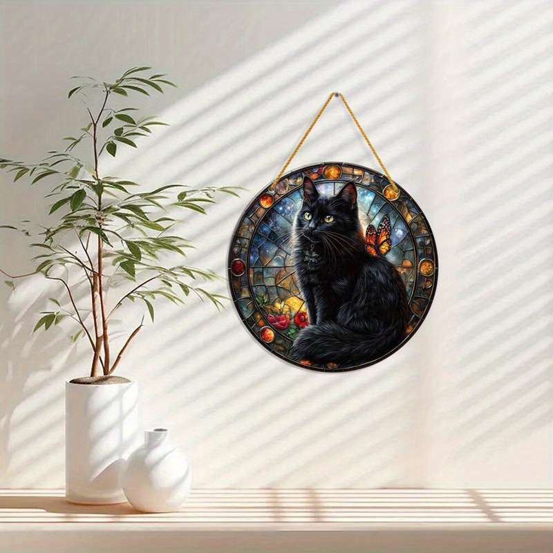 1pc 2D Flat   1 mysterious black cat theme  sun catcher acrylic round wreath logo retro