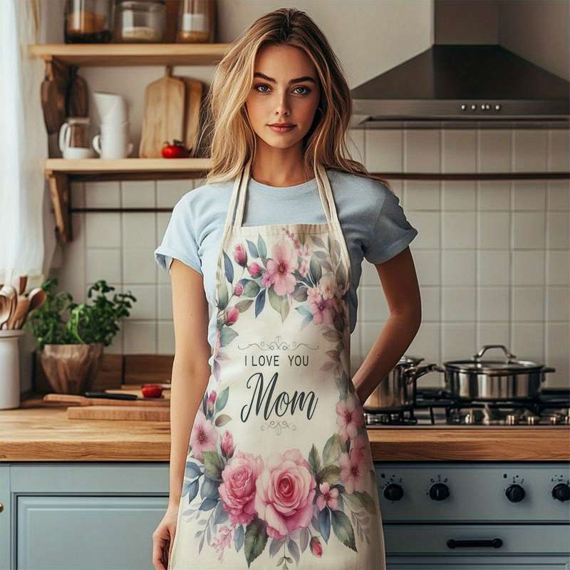 1pc Single-Piece Apron Floral Design with "I Love You Mom" Message Durable Polyester Unisex Kitc