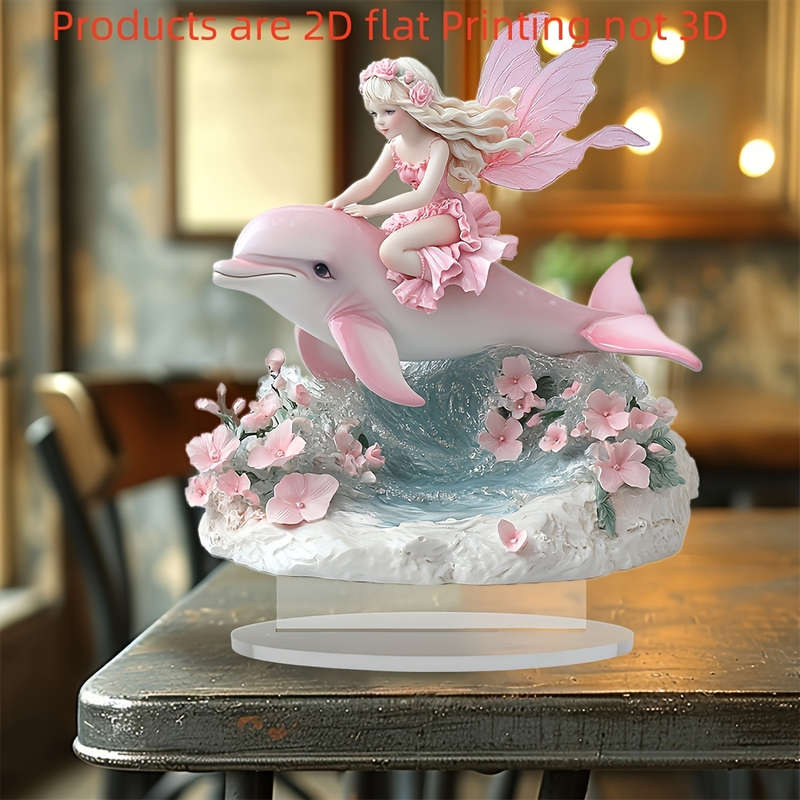 1pc 2D Flat  Bohemian Style Crystal Dolphin and Fairy Statue Enchanting Water Scene