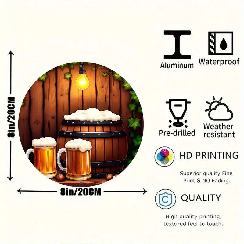 1 8" Round Aluminum Sign With Beer Mug And Barrel Design